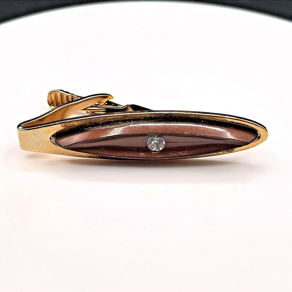 VTG Gold Tone Tie Clip Bar Dark Brown Resin Inlay‎ Rhinestone Mid Century Style
